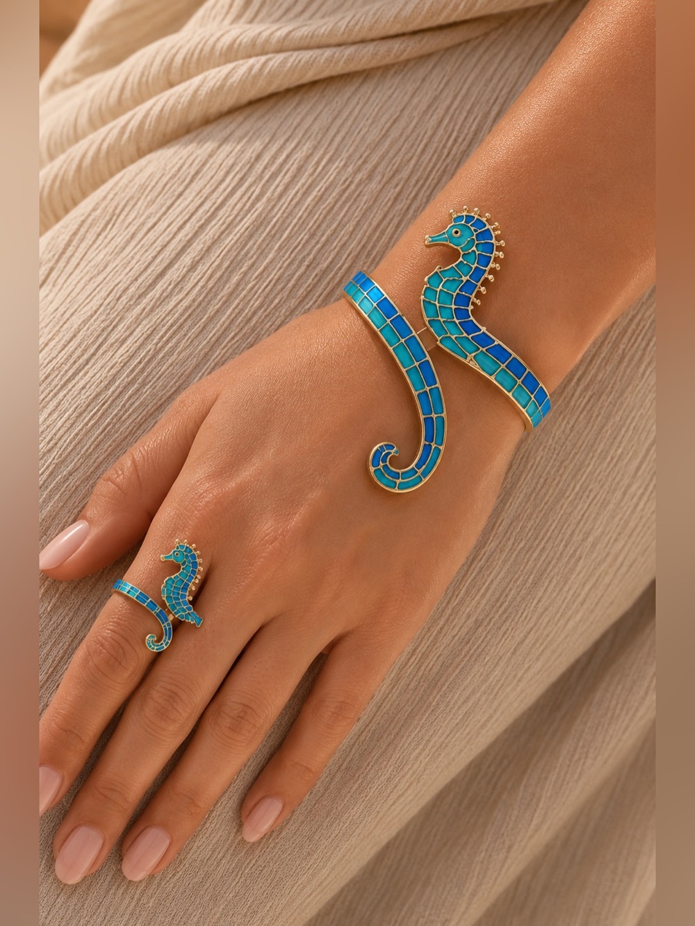 Turquoise Seahorse Cuff Bracelet and Ring Set - Women Jewelry